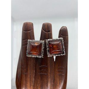 Stunning 835 European Silver and Amber Square Textured Cufflinks